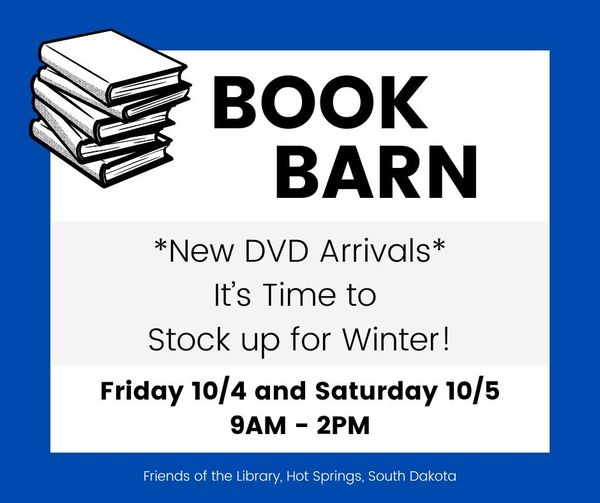 A black and white stack of books over a white square with a blue outline. Text reads: "Book Barn, *New DVD Arrivals*, It's Time to Stock up for Winter!, Friday 10/4 and Saturday 10/5, 9am to 2pm"