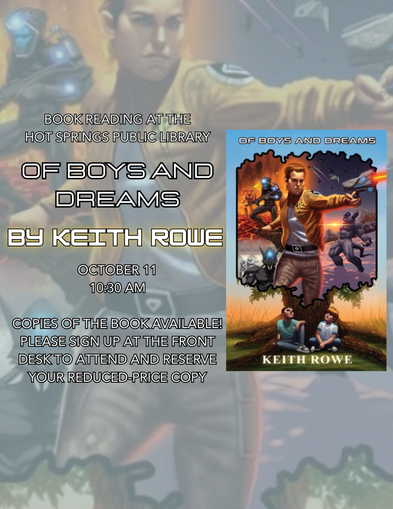 Inset image of the book cover for Of Boys and Dreams by Keith Rowe with a faded image of the cover behind it. Two young boys sit under a tree looking up at an imagined scene of a young man firing a futuristic weapon. The background behind him is divided into multiple scenes:  a space battle, someone in a high-tech suit navigating a lava field, a muscular creature in the snow, and several cyborgs.