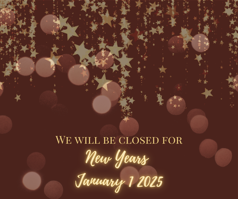 Pale yellow stars on a sepia background with a bokeh effect. Yellow text with a slight glow effect reads: We will be closed for New Years January 1 2025