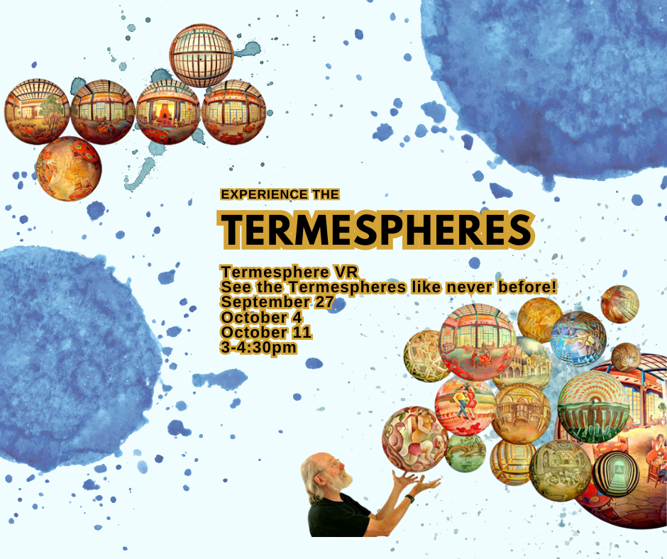 Several "Termespheres" (spheres painted using 6-point perspective) float over a splotchy blue watercolor background. Artist Dick Termes is shown looking as if he is holding up the spheres.